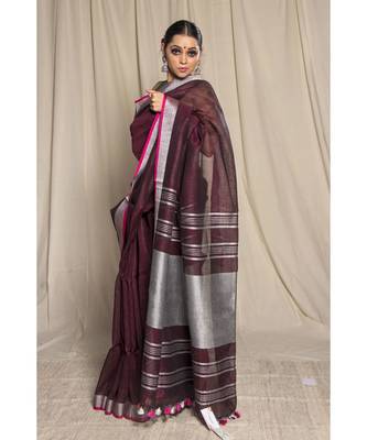 Brown Woven Linen Saree With Blouse 1