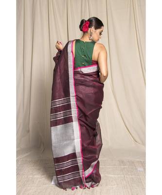 Brown Woven Linen Saree With Blouse 2