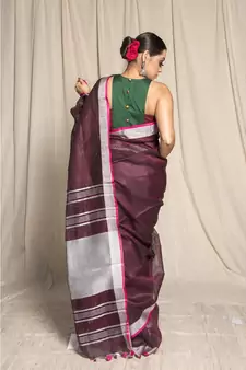 Brown Woven Linen Saree With Blouse