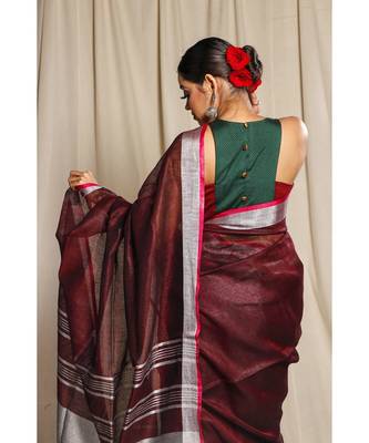 Brown Woven Linen Saree With Blouse 3