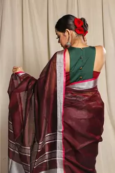 Brown Woven Linen Saree With Blouse