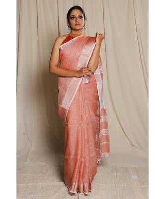 Orange Woven Linen Saree With Blouse 1