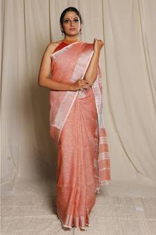 Orange Woven Linen Saree With Blouse