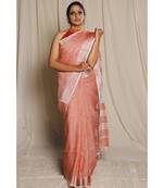 Orange Woven Linen Saree With Blouse