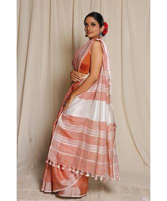 Orange Woven Linen Saree With Blouse 2