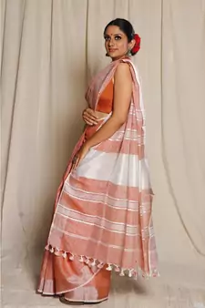 Orange Woven Linen Saree With Blouse