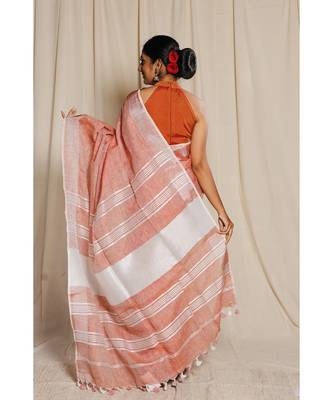 Orange Woven Linen Saree With Blouse 3