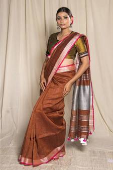 Brown Woven Linen Saree With Blouse