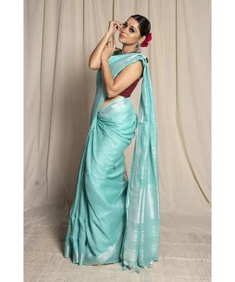 Turquoise Woven Linen Saree With Blouse 1