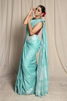 Turquoise Woven Linen Saree With Blouse