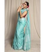 Turquoise Woven Linen Saree With Blouse