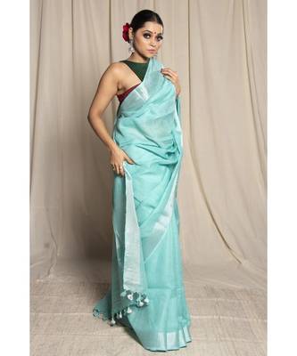 Turquoise Woven Linen Saree With Blouse 2