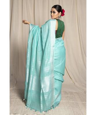 Turquoise Woven Linen Saree With Blouse 3