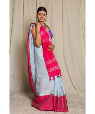 Grey Woven Linen Saree With Blouse 1