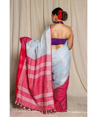 Grey Woven Linen Saree With Blouse 2