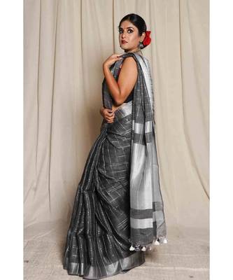 Black Woven Linen Saree With Blouse 1