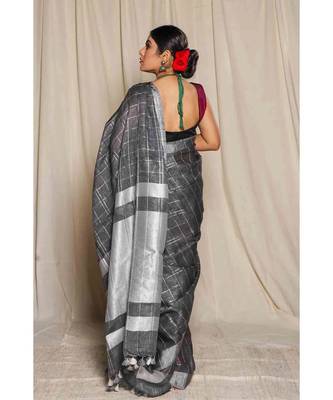 Black Woven Linen Saree With Blouse 2