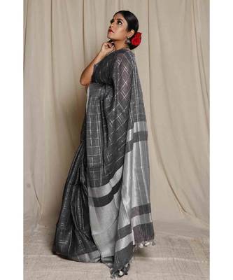 Black Woven Linen Saree With Blouse 3