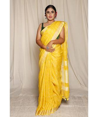 Yellow Woven Linen Saree With Blouse 1