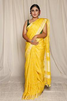 Yellow Woven Linen Saree With Blouse