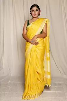Yellow Woven Linen Saree With Blouse