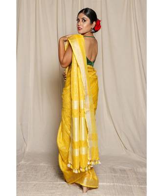 Yellow Woven Linen Saree With Blouse 2