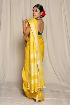Yellow Woven Linen Saree With Blouse