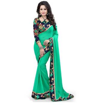 Green plain georgette saree with blouse 1