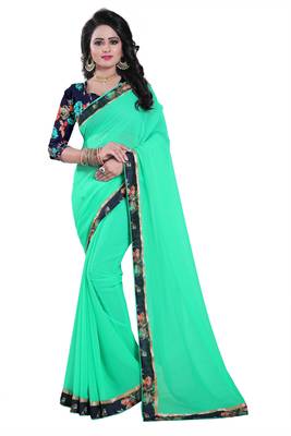 Green plain georgette saree with blouse 2