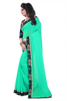 Green plain georgette saree with blouse 3