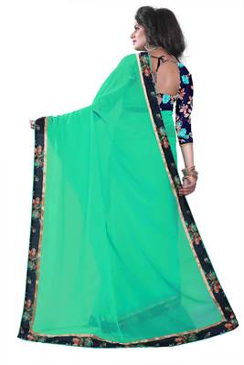 Green plain georgette saree with blouse 4