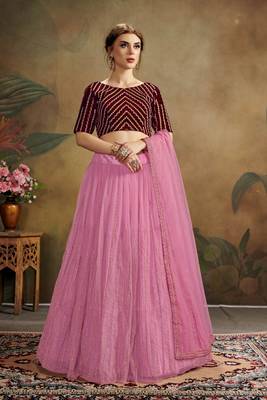 Pink Embroidered Net Semi Stitched Lehenga Choli 1