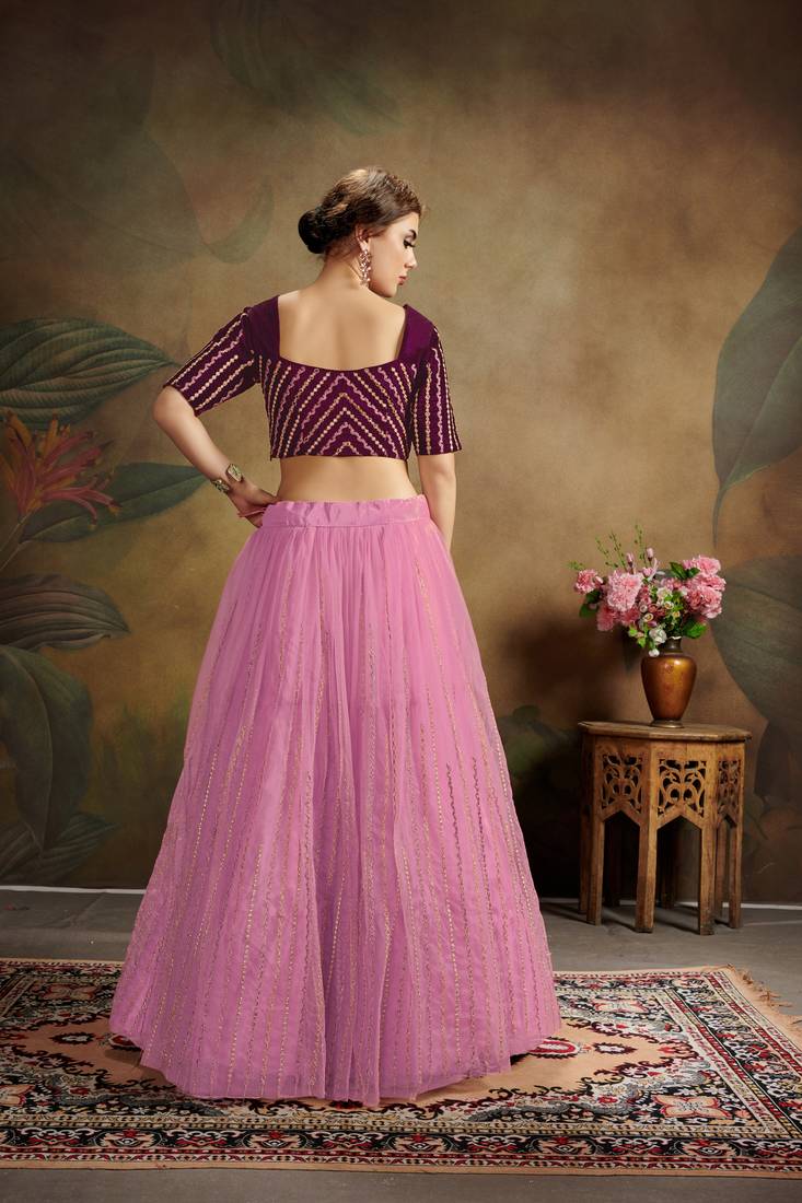 Pink Embroidered Net Semi Stitched Lehenga Choli