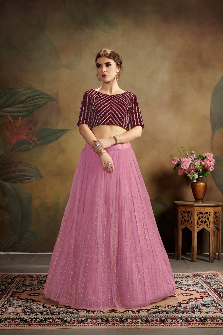 Pink Embroidered Net Semi Stitched Lehenga Choli