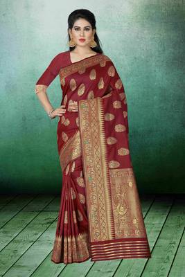 Maroon Woven Kanchipuram Silk Saree With Blouse 1