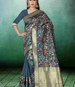 Grey Woven Kanchipuram Silk Saree With Blouse