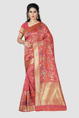 Baby Pink Woven Kanchipuram Silk Saree With Blouse 1