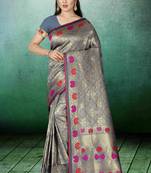 Grey Woven Kanchipuram Silk Saree With Blouse