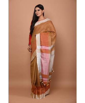Brown Shade Handwoven Linen saree with blouse 1