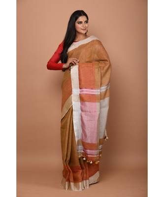 Brown Shade Handwoven Linen saree with blouse 2
