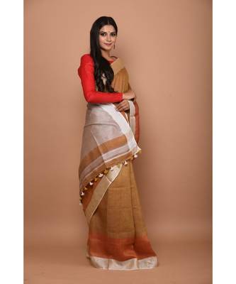 Brown Shade Handwoven Linen saree with blouse 3