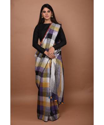 Multicolour Handwoven Checkered Linen saree with blouse 1