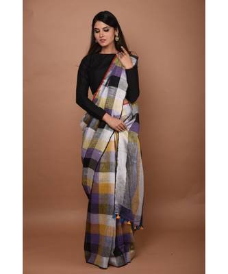 Multicolour Handwoven Checkered Linen saree with blouse 2
