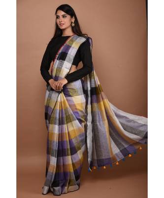 Multicolour Handwoven Checkered Linen saree with blouse 3