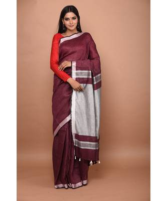 Wine Shade Handwoven Linen saree with blouse 1