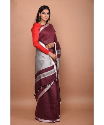 Wine Shade Handwoven Linen saree with blouse 2