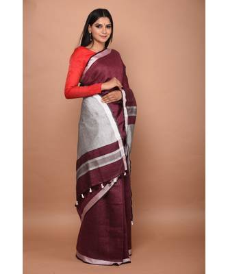 Wine Shade Handwoven Linen saree with blouse 3