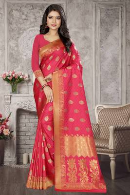 Pink Woven Kanchipuram Silk Saree With Blouse 1