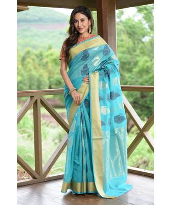 Blue Shade Banarasi Chanderi Silk Handwoven saree with blouse 1