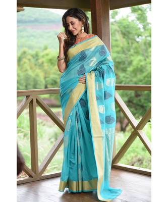 Blue Shade Banarasi Chanderi Silk Handwoven saree with blouse 2